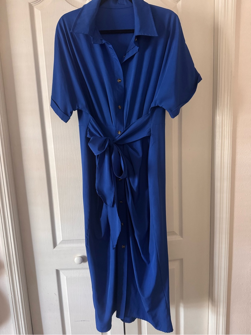 Amazon Cobalt Blue Button-Front Midi Dress with Self Tie